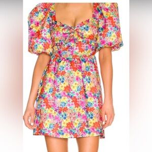 For love and lemons MERRILL PUFF SLEEVE OPEN-BACK SATIN JACQUARD MINI DRESS